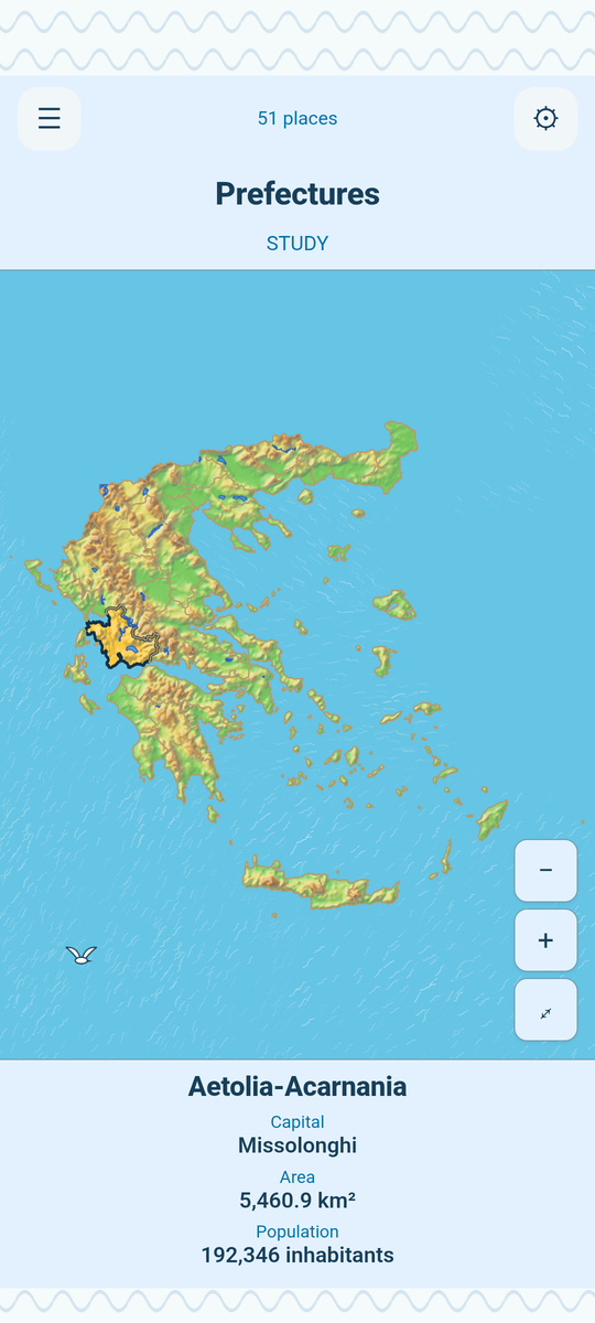 Study mode: a prefecture lit up on the map, with its name, capital, area and population below
